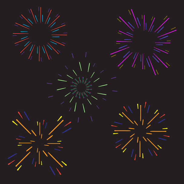 Festive fireworks. Celebration party firework, festival firecracker, holiday feast celebrated colorful sky fire explosion stars, birthday or Xmas celebrating isolated vector background with doodle - Vector, Image