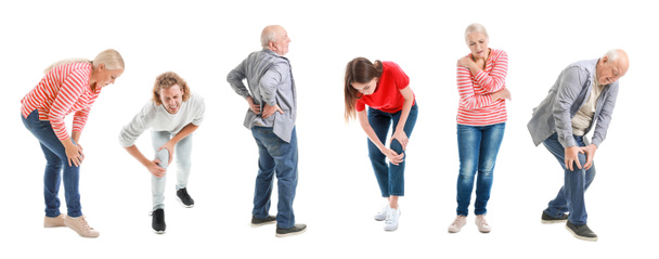 Conjunto de pessoas que sofrem de dor nas articulações e costas no fundo branco
 - Foto, Imagem