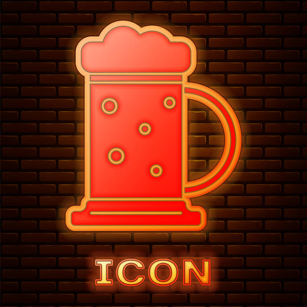 Izzó neon fa sör bögre ikon izolált téglafal háttérben. Vektoros illusztráció - Vektor, kép