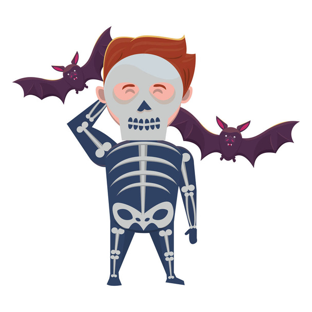 man met halloween schedel kostuum en vleermuizen - Vector, afbeelding
