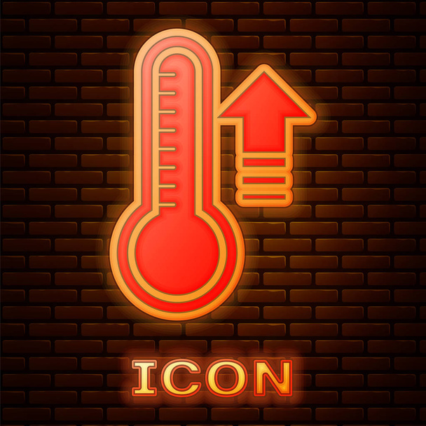Świecący neon Termometr meteorologiczny mierzący ciepło i zimną ikonę izolowany na tle cegły. Urządzenia termometryczne pokazujące gorącą lub zimną pogodę. Ilustracja wektora - Wektor, obraz