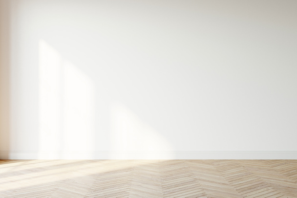 Lege muurmaquette. Lege kamer met een witte muur en houten vloer. 3d illustratie. - Foto, afbeelding