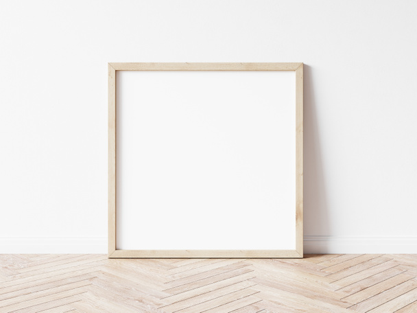 Square wood frame mockup. Wooden frame on wooden floor. Square frame 3d illustrations. - Valokuva, kuva