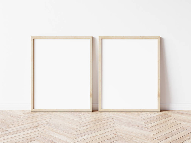 Two vertical wooden frame mockup. Two mock up poster on wooden floor. 2 frame 3d illustrations. - Photo, Image