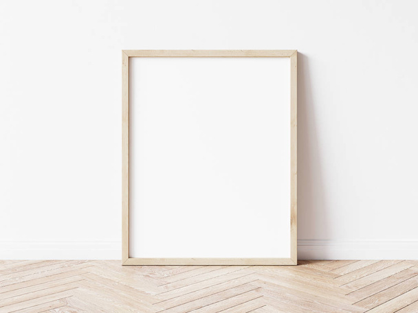 Moldura de madeira vertical simular. Cartaz de madeira quadro no chão de madeira com parede branca. Ilustrações 3D
. - Foto, Imagem