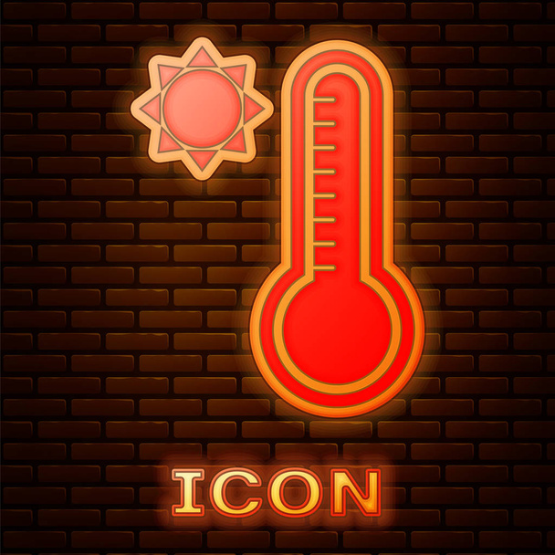 Leuchtende Neon-Meteorologie-Thermometer, das Hitze und Kälte misst, isoliert auf Backsteinmauer Hintergrund. Thermometerausrüstung, die heißes oder kaltes Wetter zeigt. Vektorillustration - Vektor, Bild