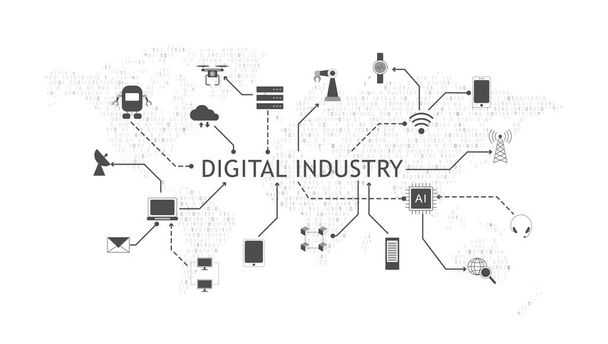 Concept de l'industrie numérique avec des icônes sur la carte du monde en illustration vectorielle de modèle de code binaire
 - Vecteur, image