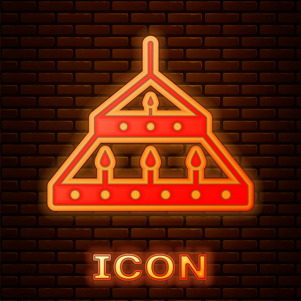 Glowing neon Massive steel chandelier with candles in medieval icon isolated on brick wall background. Vector Illustration - ベクター画像