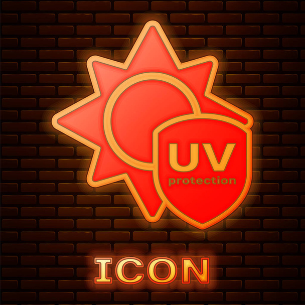 Glowing neon UV protection icon isolated on brick wall background. Sun and shield. Ultra violet rays radiation. SPF sun sign. Vector Illustration - Vector, Image
