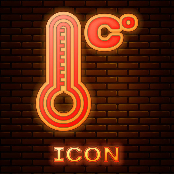 Świecący neon Termometr meteorologiczny mierzący ciepło i zimną ikonę izolowany na tle cegły. Temperatura Celsjusza. Ilustracja wektora - Wektor, obraz