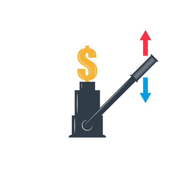 Artificial rise or fall of the dollar exchange rate financial metaphor, rate cut economic illustration, dollar sign on jack with up and down arrows - Vector, Image