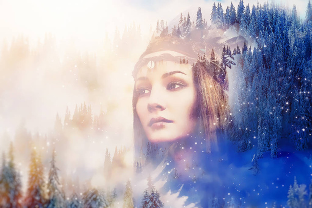 Sciamano donna nel paesaggio invernale, collage artista. - Foto, immagini