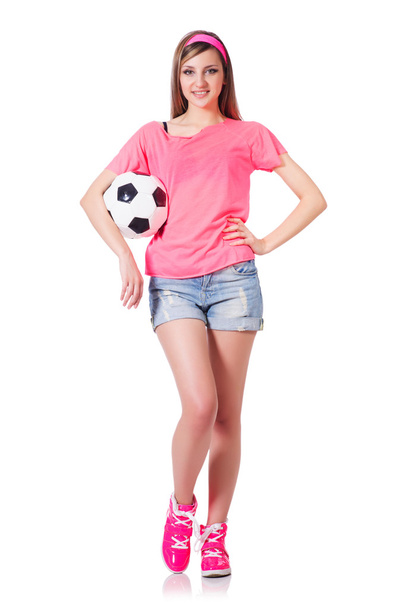 Woman with football on white - Fotó, kép
