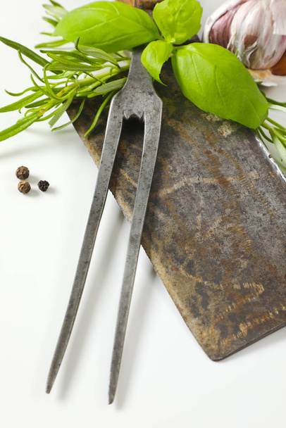 Old meat cleaver and carving fork - Photo, Image