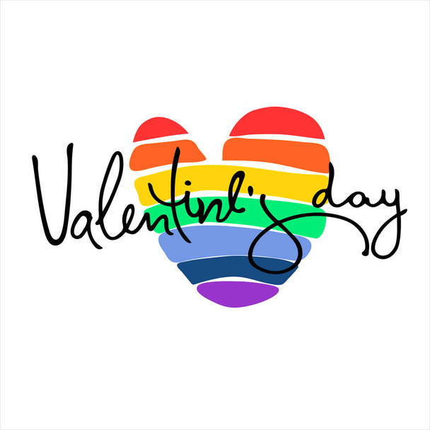 Happy Valentines Day greeting lettering with rainbow-colored heart in the back - Vector, Image