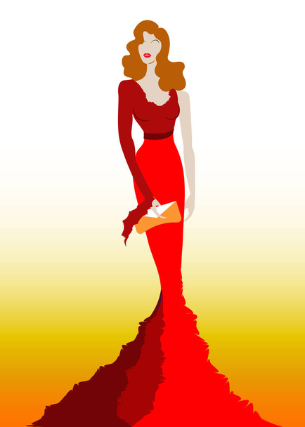 Divatmodell piros szépség ruhában, szexi nő pózol estélyi ruhában. Shop logó sziluett díva gyönyörű luxus borító lány retro nő stílus estélyi ruha 1940-es, 1950-es, sablon vektor elszigetelt - Vektor, kép