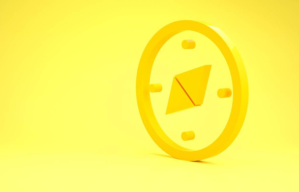 Ikona żółtego kompasu izolowana na żółtym tle. Symbol nawigacji Windrose. Wiatr różany znak. Koncepcja minimalizmu. Ilustracja 3D 3D renderowania - Zdjęcie, obraz