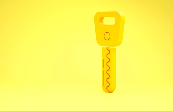 Ikona klucza żółtego samochodu na żółtym tle. Koncepcja minimalizmu. Ilustracja 3d - Zdjęcie, obraz