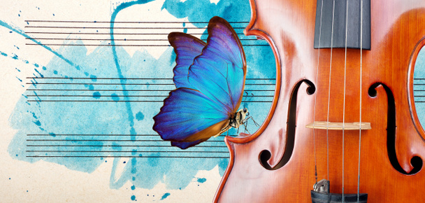 Kelebek, keman ve notlar. Mavi morpho kelebeği ve keman. Melodi konsepti. Mavi suluboya resimli eski bir müzik sayfası. Klasik müzik konsepti. Keman yakın çekim. Boşlukları kopyala - Fotoğraf, Görsel