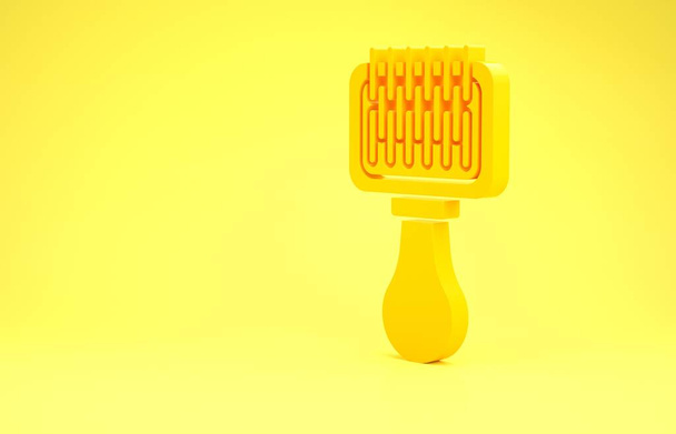 Yellow Hair brush for dog and cat icon isolated on yellow background. Brush for animal fur. Pet accessory. Minimalism concept. 3d illustration 3D render - Fotografie, Obrázek