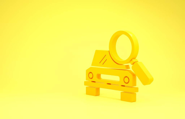 Icône de recherche de voiture jaune isolé sur fond jaune. Loupe en verre avec voiture. Concept de minimalisme. Illustration 3D rendu 3D
 - Photo, image