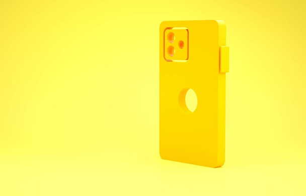 Keltainen älypuhelin, matkapuhelin ikoni eristetty keltaisella taustalla. Minimalismin käsite. 3d kuva 3D renderöinti - Valokuva, kuva