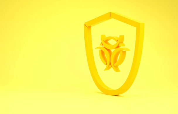 Simbolo di pericolo biologico giallo sull'icona dello scudo isolato su sfondo giallo. Concetto minimalista. Illustrazione 3d rendering 3D
 - Foto, immagini