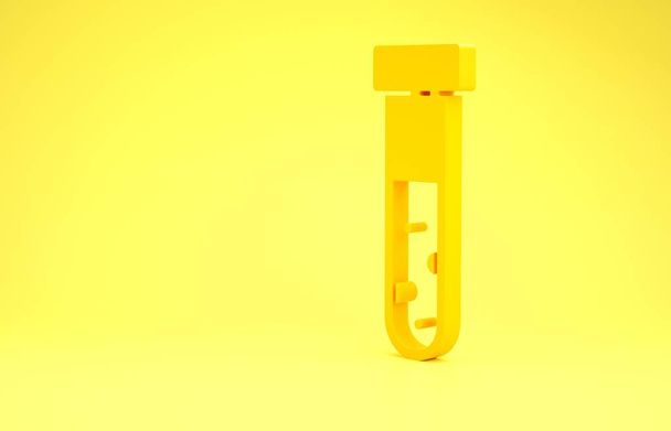 Żółta probówka i ikona laboratoryjnego badania chemicznego kolby wyizolowana na żółtym tle. Szkło laboratoryjne. Koncepcja minimalizmu. Ilustracja 3D 3D renderowania - Zdjęcie, obraz