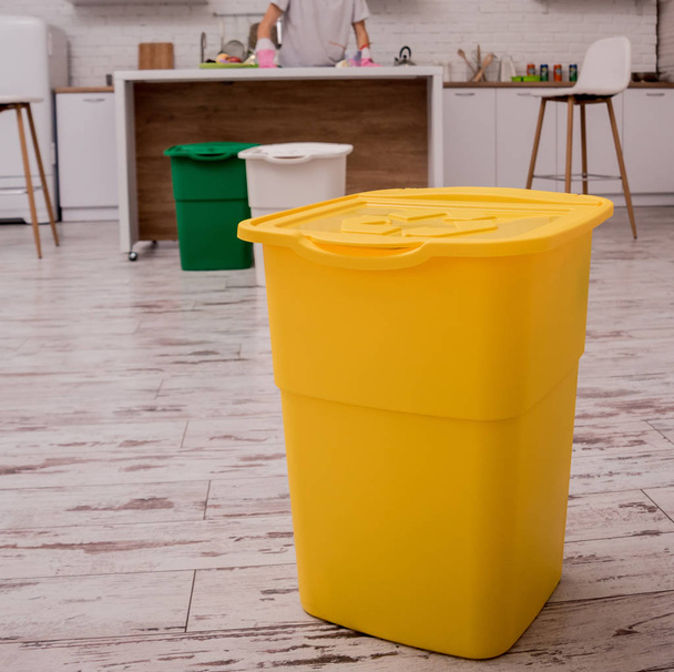 Recycle bins in the kitchen. Household waste sorting. Environmentally responsible behavior. Zero waste - Fotó, kép