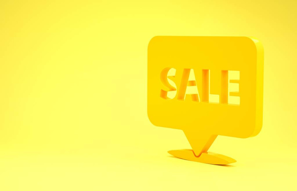 Κίτρινη πινακίδα Hanging με κείμενο Πώληση εικονίδιο απομονώνονται σε κίτρινο φόντο. Πινακίδα με κείμενο Πώληση. Μινιμαλιστική έννοια. 3D απεικόνιση 3d καθιστούν - Φωτογραφία, εικόνα