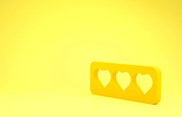 Yellow Like and heart icon isolated on yellow background. Counter Notification Icon. Follower Insta. Minimalism concept. 3d illustration 3D render - Photo, Image