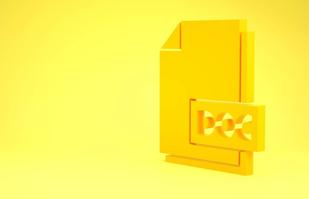 Yellow DOC file document. Download doc button icon isolated on yellow background. DOC file extension symbol. Minimalism concept. 3d illustration 3D render - Photo, image