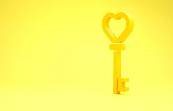 Žlutý klíč ve tvaru srdce ikona izolované na žlutém pozadí. Minimalismus. 3D ilustrace 3D vykreslení - Fotografie, Obrázek