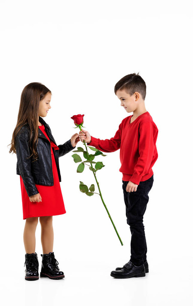 little boy giving a red rose to child girl - Valokuva, kuva