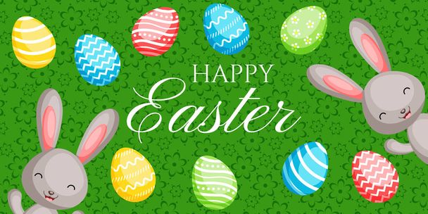 Happy Easter greeting banner with colorful bunnies and eggs - Vector, Imagen