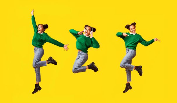 Collage of playful black teen jumping over studio background - Photo, Image