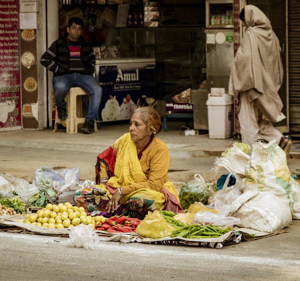 New Dehli, India, Feb 19, 2018: Woman sells fruits from tarp on ground - Zdjęcie, obraz