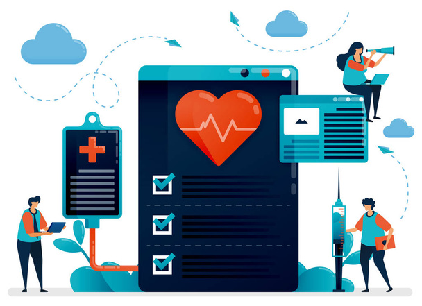 Ιατρικός καρδιολογικός έλεγχος για την υγεία. Νοσοκομείο, κλινική, εργαστήριο διάγνωσης και θεραπείας καρδιακών παθήσεων, Επίπεδη διανυσματική απεικόνιση χαρακτήρων για landing page, web, banner, mobile apps, αφίσα - Διάνυσμα, εικόνα