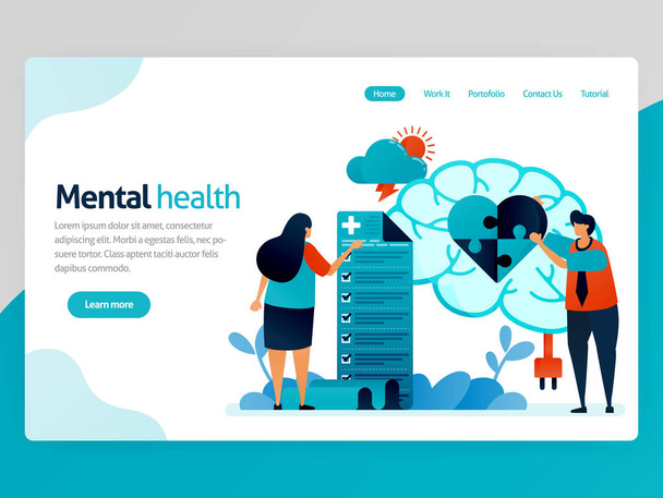 Mental health illustration. People check mentally and psychologically. Heart puzzle. Brain treatment and counseling therapy. Vector cartoon for website homepage header landing web page template apps - Vector, Image