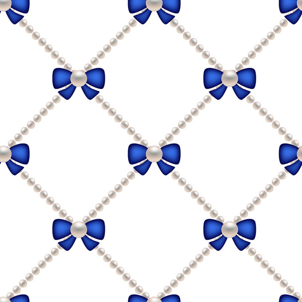 Blue bow and pearls on white background. 3D Vector illustration for fabric design, print for textile, scarf, underwear and packaging. Textile pattern, print pattern. Seamless pattern. - Vector, Image