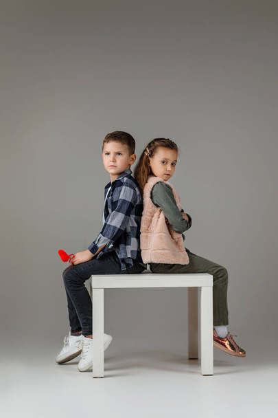 couple child girl and boy in fashionable clothes - Φωτογραφία, εικόνα