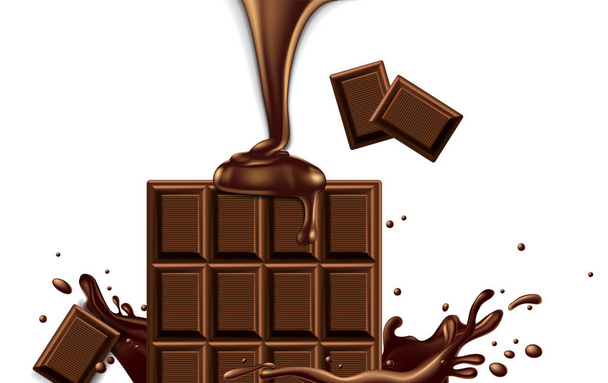 De helft van de chocoladereep in de chocolade splash en een jet van l - Vector, afbeelding