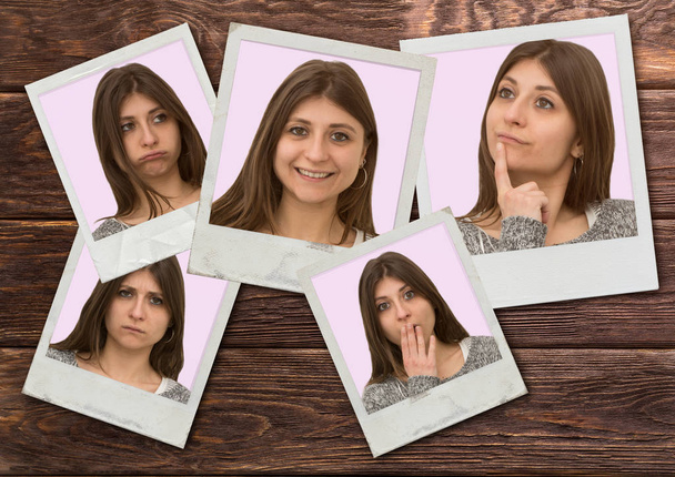 hübsche junge Kaukasierin zeigt verschiedene Gesichtsausdrücke auf Polaroid - Foto, Bild