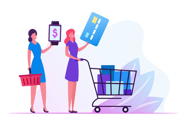 Жіночі клієнти стоять у черзі в супермаркеті Підготуйте кредитну картку та смарт-годинник для безготівкових онлайн-платежів. Жінки покупці штовхають візок і переносять кошик з товарами мультфільм плоский Векторні ілюстрації
 - Вектор, зображення