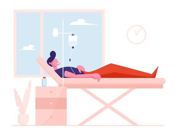 Healthcare Concept. Sick Injured Patient Lying in Medical Bed with Dropper. Clinic Ward Hospital Interior, Recovery after Disease or Intoxication, Fight for Life. Cartoon Flat Vector Illustration - Vector, Image