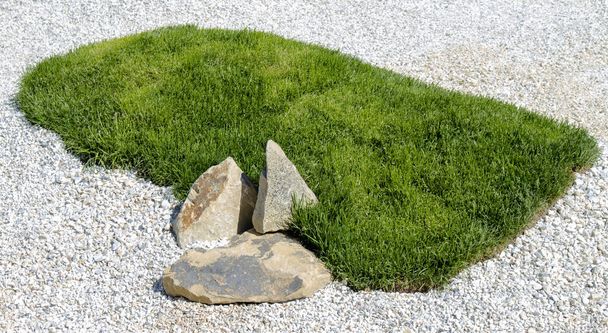 Skład głazów i trawy otoczonej białymi kamieniami - Zdjęcie, obraz