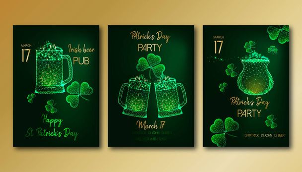 Saint Patrick Day party flyers set with glowing low poly beer mugs, clover leaves and gold pot - Wektor, obraz