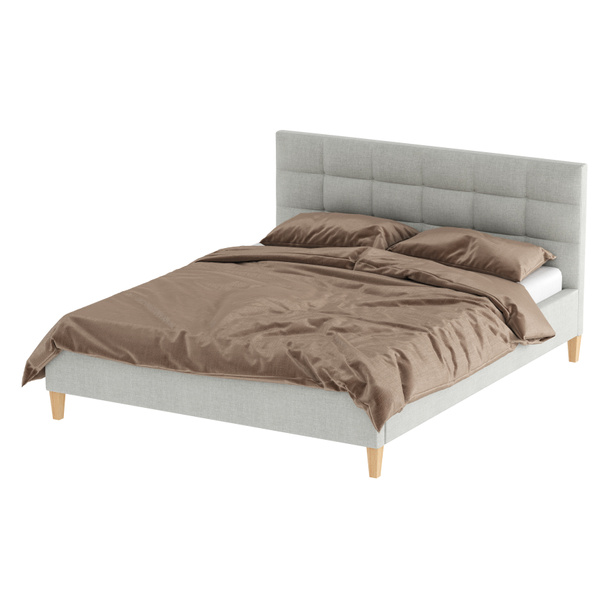 Una cama doble gris con una cabecera de tela cosida y lino marrón sobre un fondo blanco. renderizado 3d
 - Foto, Imagen