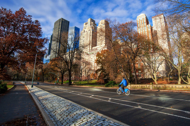 NUEVA YORK CITY, NUEVA YORK, EE.UU. - 27 DE NOVIEMBRE DE 2018: Ciclistas en Central Park el 27 de noviembre de 2018. Central Park es un lugar perfecto en la ciudad de Nueva York para el estilo de vida activo durante todo el año
. - Foto, Imagen