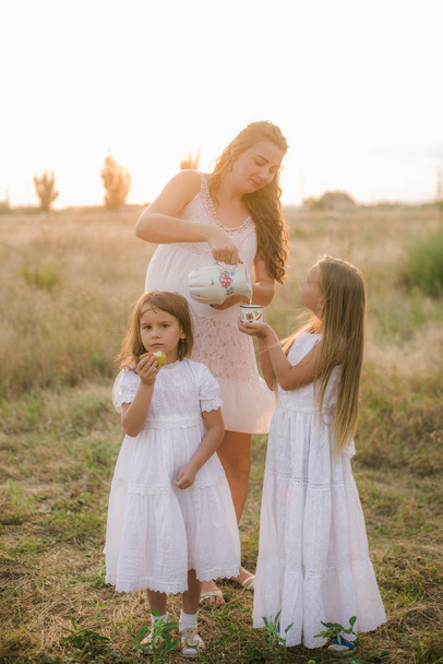 Uma bela jovem mãe grávida com cabelo loiro com duas filhas em vestidos brancos derrama leite para crianças em um campo no verão ao pôr do sol. Feliz gravidez. A grande família. Família e filhos
 - Foto, Imagem